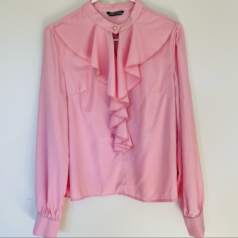 SHEIN Pink Long Sleeve Ruffle Blouse. Size Medium